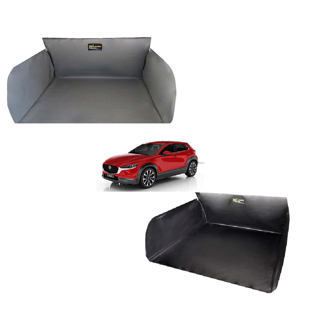 Design Kofferraumwanne passend für Mazda CX30 ab BJ. 09.2019> für unteren  (tiefen) Ladeboden ohne Ersatzrad (mit oder ohne Bose Sound System)  Kofferraummatte passgenau mit erhöhtem Rand